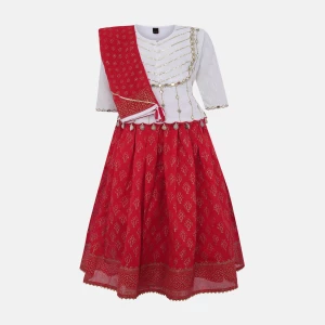 White Printed and Embroidered Linen Ghagra Choli